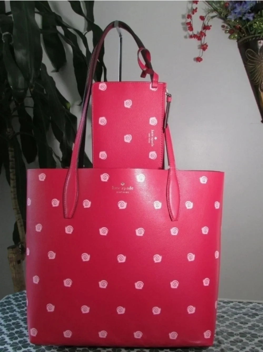 kate spade Hot Pink Printed Tote with Matching Pouch
